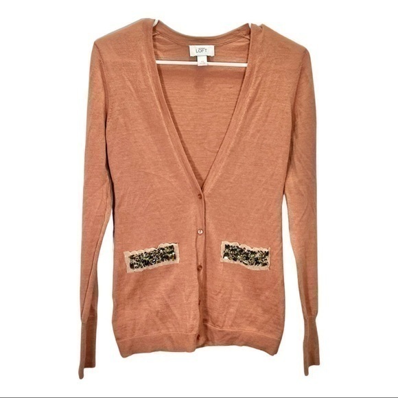 Ann Taylor LOFT Women’s Peach Pink Wool Blend Sequin Button Front Cardigan - Picture 1 of 14